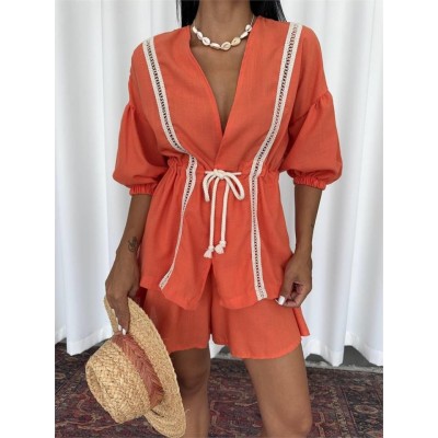 KETEN BEL BÜZGÜLÜ BLUZ-PANTOLON TAKIM - Orange KETEN BEL BÜZGÜLÜ BLUZ-PANTOLON TAKIM - Orange