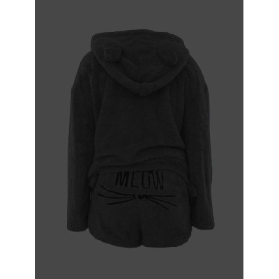 Kadın Uzun Kollu Meow Kedi Nakışlı Kapşonlu Peluş Sweat Ve Short Ikili Takım Kadın Uzun Kollu Meow Kedi Nakışlı Kapşonlu Peluş Sweat Ve Short Ikili Takım