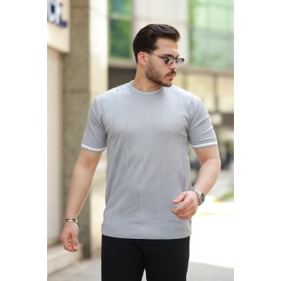 Erkek Bisiklet Yaka çizgi Desenli Ribanalı Kısa Kollu Tshirt