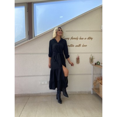 Kadın Uzun Kollu Eteği Fırfırlı Beli Kuşaklı Trikoton Tam Boy Gömlek Elbise Kadın Uzun Kollu Eteği Fırfırlı Beli Kuşaklı Trikoton Tam Boy Gömlek Elbise