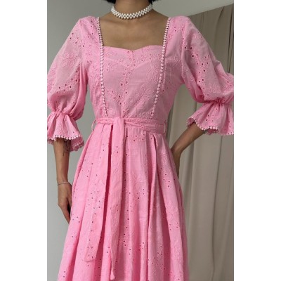 Pembe Kolu Lastikli Brode Elbise Pembe Kolu Lastikli Brode Elbise