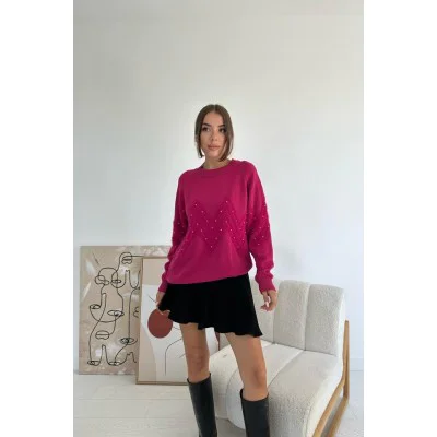 Fuşya Zikzak Boncuklu Triko Kazak Fuşya Zikzak Boncuklu Triko Kazak