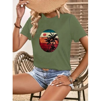 Kadın Kısa Kollu Palmiye Baskılı Viskon T-shirt Kadın Kısa Kollu Palmiye Baskılı Viskon T-shirt