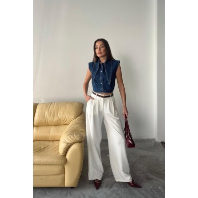 Mavi Yaka Detaylı Denim Crop Mavi Yaka Detaylı Denim Crop