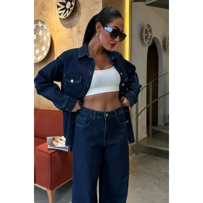 Gömlek Ve Palazzo Pantolon Klasik Denim Takım 10070 Gömlek Ve Palazzo Pantolon Klasik Denim Takım 10070