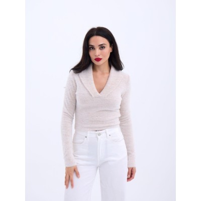 42531 TRİKO SİMLİ YAKALI CROP-EKRU 42531 TRİKO SİMLİ YAKALI CROP-EKRU