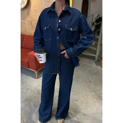 Gömlek Ve Palazzo Pantolon Klasik Denim Takım 10070 Gömlek Ve Palazzo Pantolon Klasik Denim Takım 10070