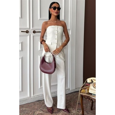 Straplez Büstiyerli Plazzo Pantolonlu Çizgili Takım 10151 Straplez Büstiyerli Plazzo Pantolonlu Çizgili Takım 10151