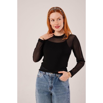 Transparan Siyah Tül Basic Bluz Transparan Siyah Tül Basic Bluz