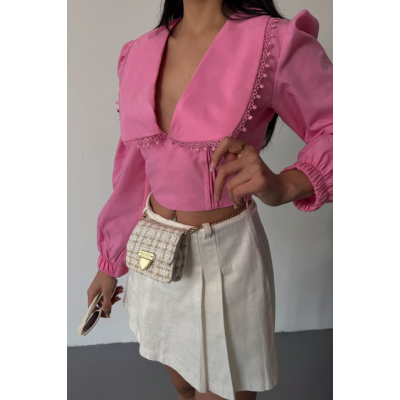 CROP POPLİN GÖMLEK YAKA KENAR DANTEL DETAYLI - Pembe CROP POPLİN GÖMLEK YAKA KENAR DANTEL DETAYLI - Pembe