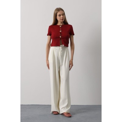 Pileli Bağcıklı Oversize Pantolon - Ekru
