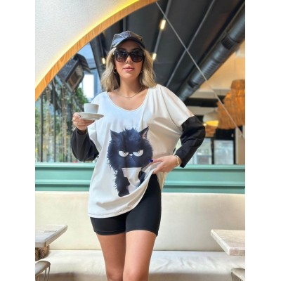 Kadın Uzun Kollu V Yakalı Kedi Baskılı şardonlu Dalgıç Bluz Kadın Uzun Kollu V Yakalı Kedi Baskılı şardonlu Dalgıç Bluz