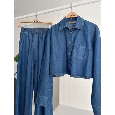 Denim Gömlek Plazzo Pantolon Takım 10163-08 Denim Gömlek Plazzo Pantolon Takım 10163-08