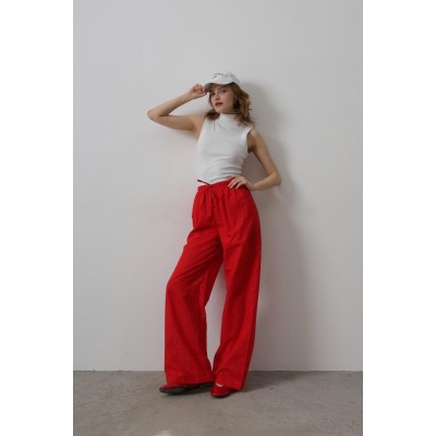 Beli Bağlamalı Brode Pantolon - Kırmızı Beli Bağlamalı Brode Pantolon - Kırmızı