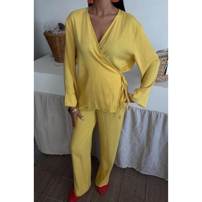 Kruvaze Model Klasik Pantolonlu Çupra Keten Takım 10191 Kruvaze Model Klasik Pantolonlu Çupra Keten Takım 10191