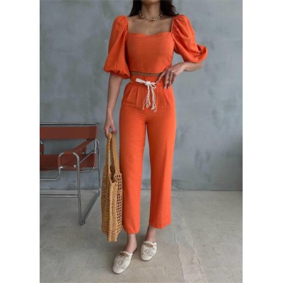 KETEN CROP KARPUZ KOL BLUZ-PANTOLON HASIR KEMERLİ - Orange KETEN CROP KARPUZ KOL BLUZ-PANTOLON HASIR KEMERLİ - Orange