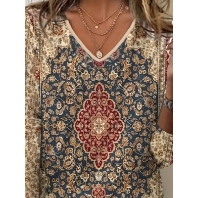 Kadın Fakir Kollu V Yakalı Etnik Desenli Süprem Bluz Kadın Fakir Kollu V Yakalı Etnik Desenli Süprem Bluz