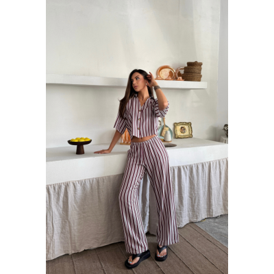 ÇİZGİLİ CROP GÖMLEK - SALAŞ PANTOLON TAKIM MODAL - Bordo ÇİZGİLİ CROP GÖMLEK - SALAŞ PANTOLON TAKIM MODAL - Bordo