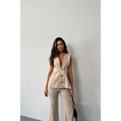 KETEN GOLD DÜĞMELİ YELEK - PANTOLON TK - Bej KETEN GOLD DÜĞMELİ YELEK - PANTOLON TK - Bej