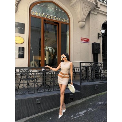 POLYVİSCON ÇİFT KEMER DETAYLI ELBİSE - Bej POLYVİSCON ÇİFT KEMER DETAYLI ELBİSE - Bej