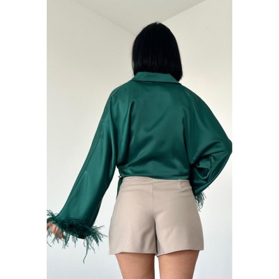 Zümrüt Kolları Tüylü Saten Crop Zümrüt Kolları Tüylü Saten Crop