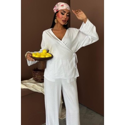Kruvaze Model Klasik Pantolonlu Çupra Keten Takım 10191 Kruvaze Model Klasik Pantolonlu Çupra Keten Takım 10191
