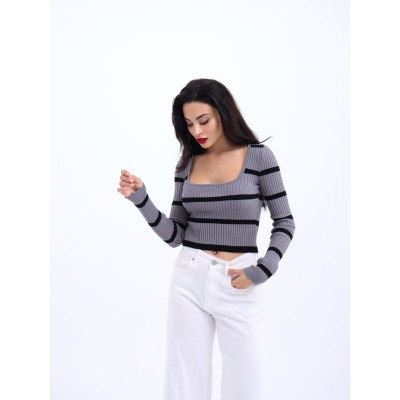 42221 TRİKO ÇİZGİLİ FİTİLLİ CROP-GRİ-SİYAH 42221 TRİKO ÇİZGİLİ FİTİLLİ CROP-GRİ-SİYAH