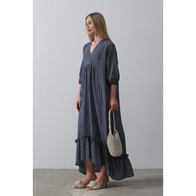 Çizgili Oversize V Yaka Elbise - Lacivert Çizgili Oversize V Yaka Elbise - Lacivert
