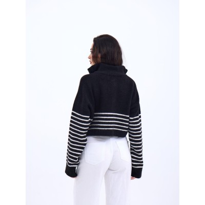 43311 TRİKO ÇİZGİLİ FERMUARLI CROP-SİYAH-EKRU 43311 TRİKO ÇİZGİLİ FERMUARLI CROP-SİYAH-EKRU