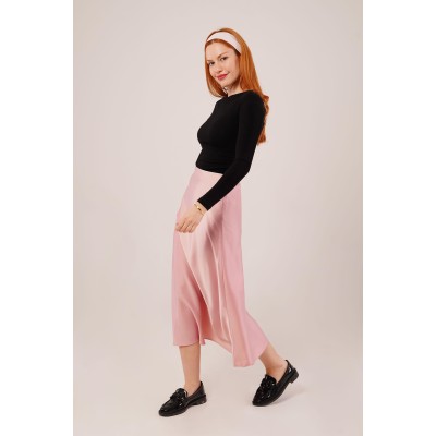 Çan Kesim Midi Pembe Saten Etek Çan Kesim Midi Pembe Saten Etek