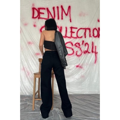 Siyah Yüksek Bel Ve Geniş Paça Jeans Pantolon Siyah Yüksek Bel Ve Geniş Paça Jeans Pantolon