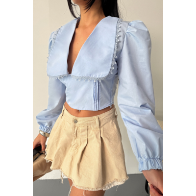 CROP POPLİN GÖMLEK YAKA KENAR DANTEL DETAYLI - Bebe Mavi CROP POPLİN GÖMLEK YAKA KENAR DANTEL DETAYLI - Bebe Mavi