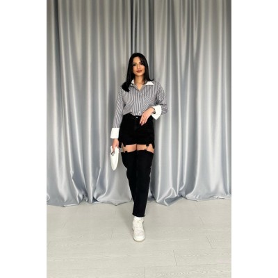 Siyah Askılı İki Parça Jeans Pantolon Siyah Askılı İki Parça Jeans Pantolon