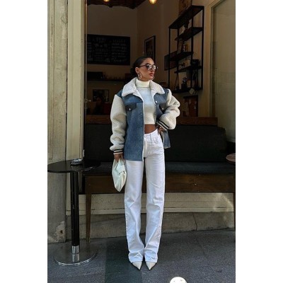 İçi Kürklü Deri Garnili Denim Görünümlü Ceket 6116 İçi Kürklü Deri Garnili Denim Görünümlü Ceket 6116