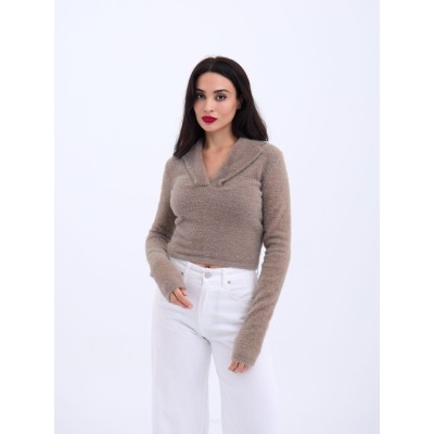 42531 TRİKO SİMLİ YAKALI CROP-KAHVE 42531 TRİKO SİMLİ YAKALI CROP-KAHVE