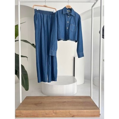 Denim Gömlek Plazzo Pantolon Takım 10163-08 Denim Gömlek Plazzo Pantolon Takım 10163-08