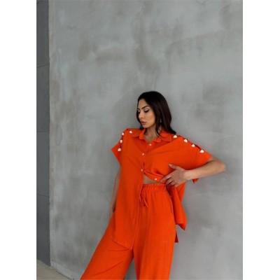 OMUZ MİDYE SIRALI BLUZ - PAÇA PENSLİ PANTOLON TAKIM - Orange OMUZ MİDYE SIRALI BLUZ - PAÇA PENSLİ PANTOLON TAKIM - Orange