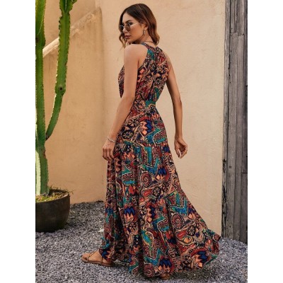 Kadın Kolsuz Halter Yaka Beli Lastikliotantik Desenli Mikro Kumaş Elbise Kadın Kolsuz Halter Yaka Beli Lastikliotantik Desenli Mikro Kumaş Elbise
