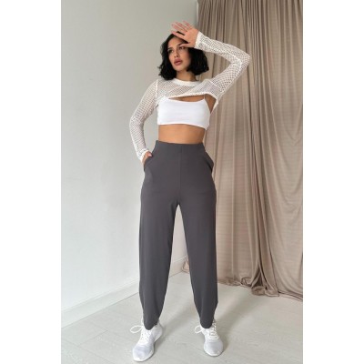 Füme Pensli Lastik Detaylı Pantolon Füme Pensli Lastik Detaylı Pantolon