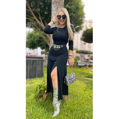 Kadın Uzun Kollu Bisiklet Yaka Yırtmaçlı Kemerli Uzun çilek Elbise Kadın Uzun Kollu Bisiklet Yaka Yırtmaçlı Kemerli Uzun çilek Elbise