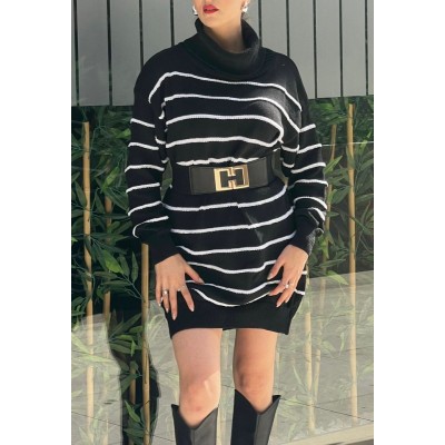 Kadın Uzun Kollu Degaje Yaka çizgili Sonya Iplik Mini Boy Triko Elbise (kemersiz) Kadın Uzun Kollu Degaje Yaka çizgili Sonya Iplik Mini Boy Triko Elbise (kemersiz)