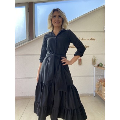 Kadın Uzun Kollu Eteği Fırfırlı Beli Kuşaklı Trikoton Tam Boy Gömlek Elbise Kadın Uzun Kollu Eteği Fırfırlı Beli Kuşaklı Trikoton Tam Boy Gömlek Elbise