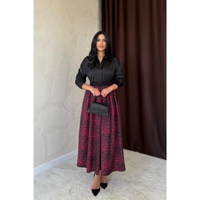Bordo Leopar Büzgülü Uzun Etek Bordo Leopar Büzgülü Uzun Etek
