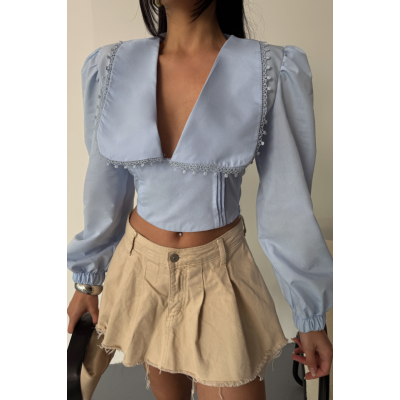 CROP POPLİN GÖMLEK YAKA KENAR DANTEL DETAYLI - Bebe Mavi CROP POPLİN GÖMLEK YAKA KENAR DANTEL DETAYLI - Bebe Mavi