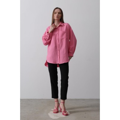 Çizgili Tek Cep Gömlek - Pembe Çizgili Tek Cep Gömlek - Pembe