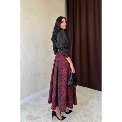 Bordo Leopar Büzgülü Uzun Etek Bordo Leopar Büzgülü Uzun Etek