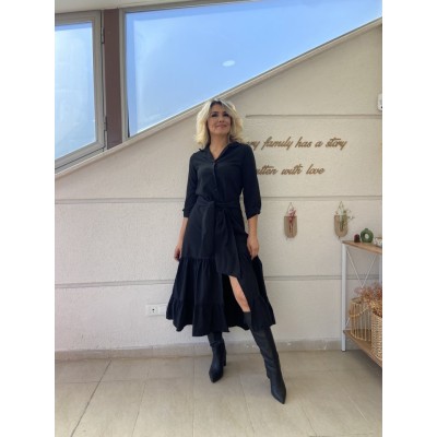 Kadın Uzun Kollu Eteği Fırfırlı Beli Kuşaklı Trikoton Tam Boy Gömlek Elbise Kadın Uzun Kollu Eteği Fırfırlı Beli Kuşaklı Trikoton Tam Boy Gömlek Elbise