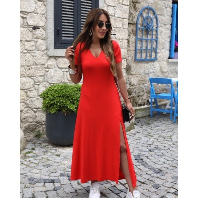 Kadın Kısa Kollu V Yaka Maxi Boy Elbise 124 Cm Kadın Kısa Kollu V Yaka Maxi Boy Elbise 124 Cm