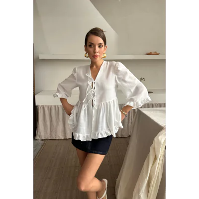 KETEN BLUZ ÖNDEN BAĞLAMALI FIRFIR DETAYLI - Beyaz KETEN BLUZ ÖNDEN BAĞLAMALI FIRFIR DETAYLI - Beyaz