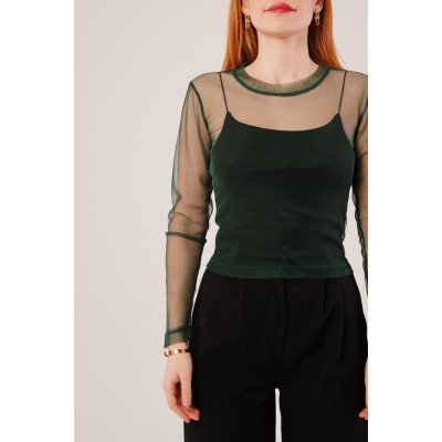 Transparan Yeşil Tül Basic Bluz Transparan Yeşil Tül Basic Bluz